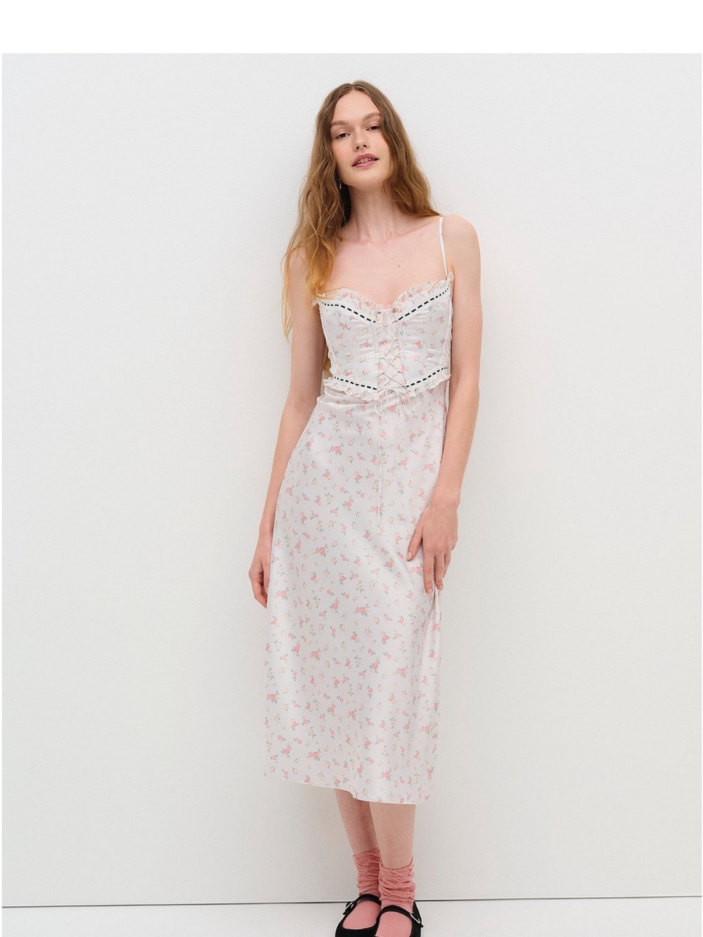 💐For Love And Lemons White Floral Slip Dress with Pink Print💐